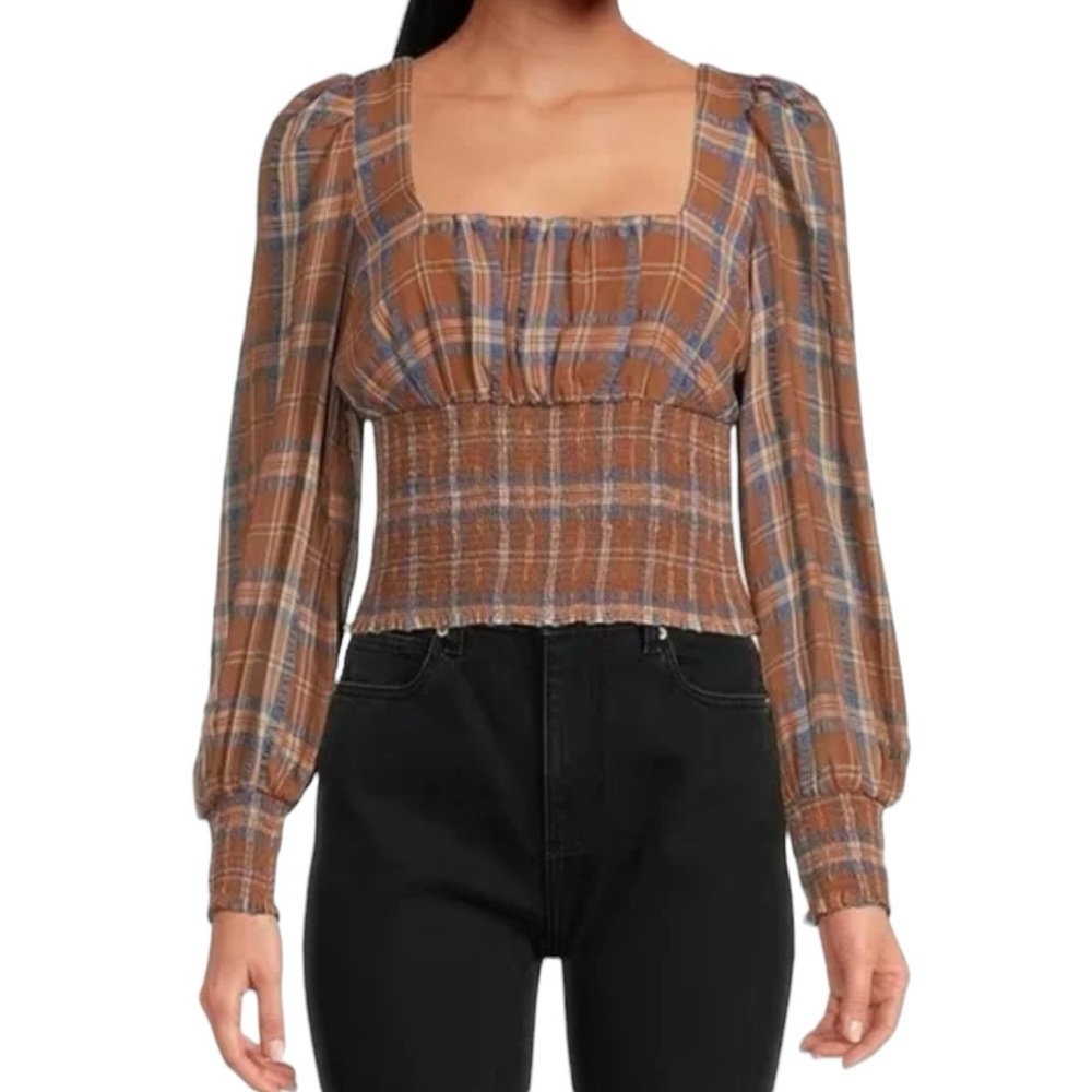 Gianni Bini‎ Wove Faye Plaid Square Neck Brown and Blue Blouse